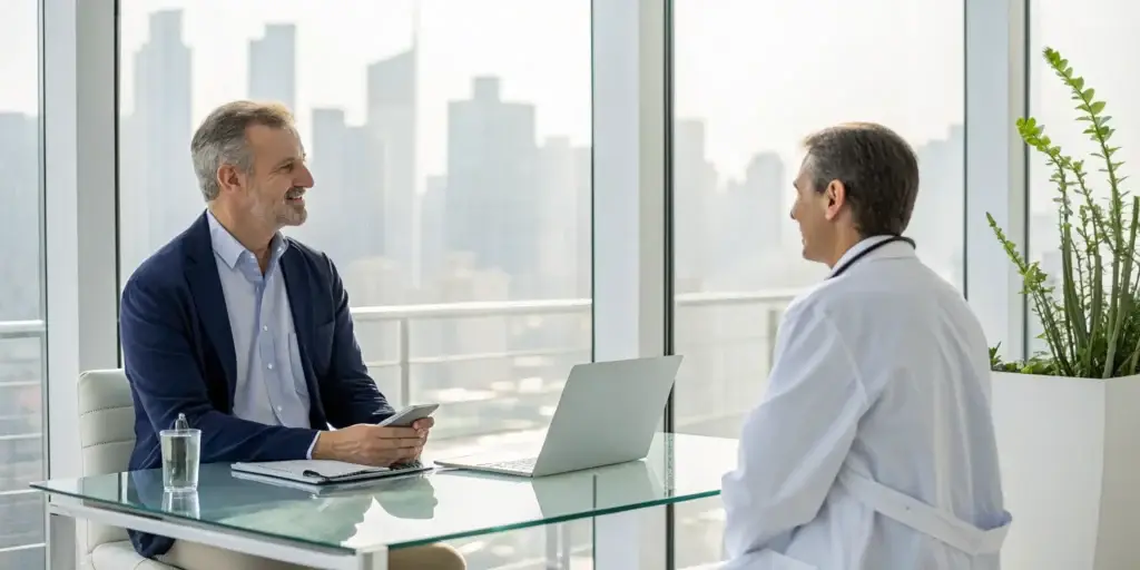 Man discussing permanent erectile dysfunction treatments with a doctor.