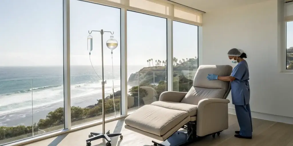 Nurse prepares an IV hydration therapy treatment in a relaxing La Jolla clinic.