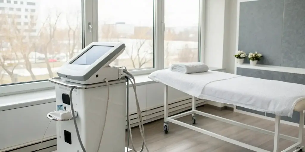 A laser vaginal tightening treatment setup shown in a video demonstration.