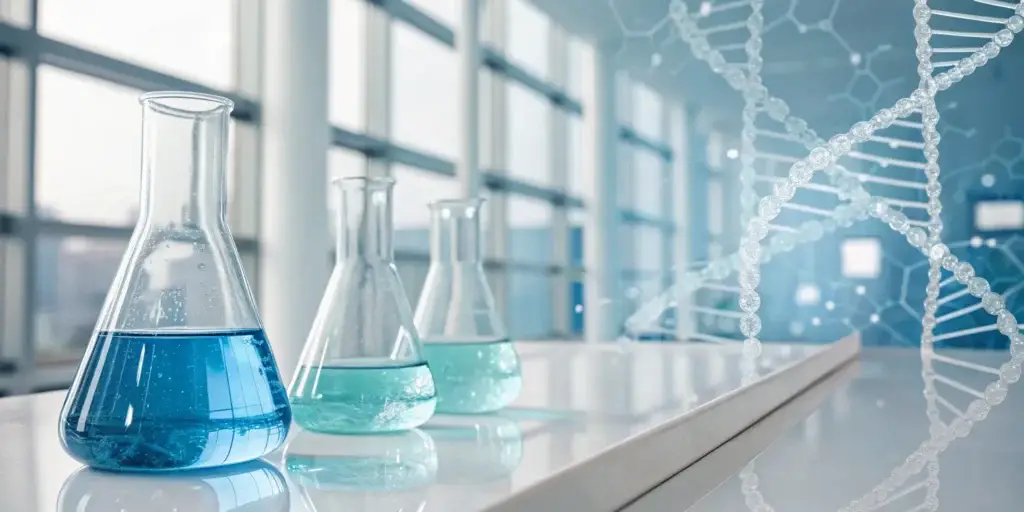 Scientific research on erectile dysfunction with a DNA helix and lab equipment.