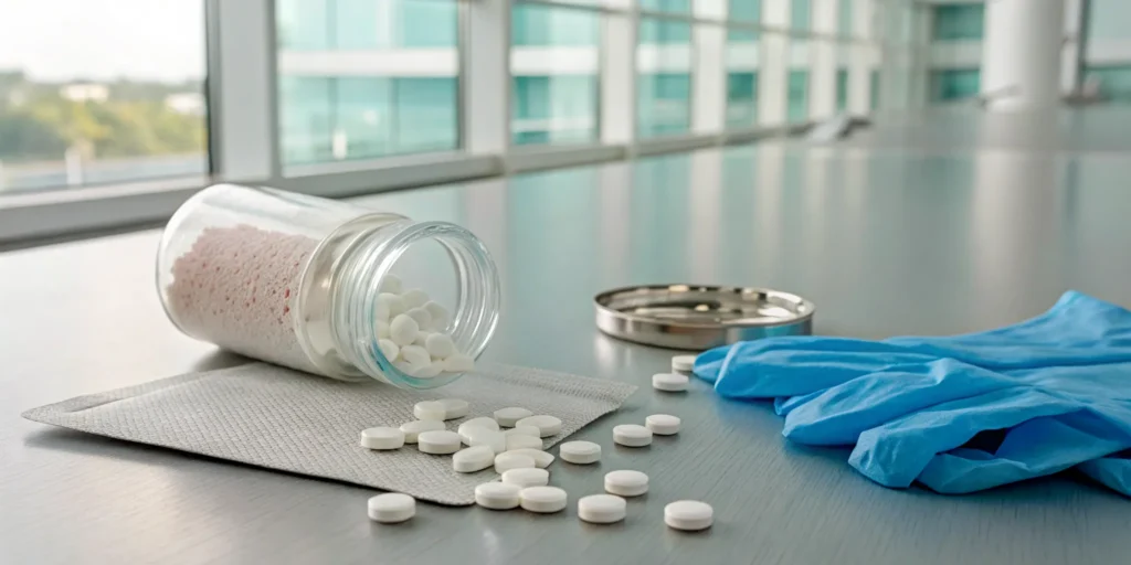 A jar of spilled hormone pellets and medical gloves, representing the negative side effects of hormone pellets.