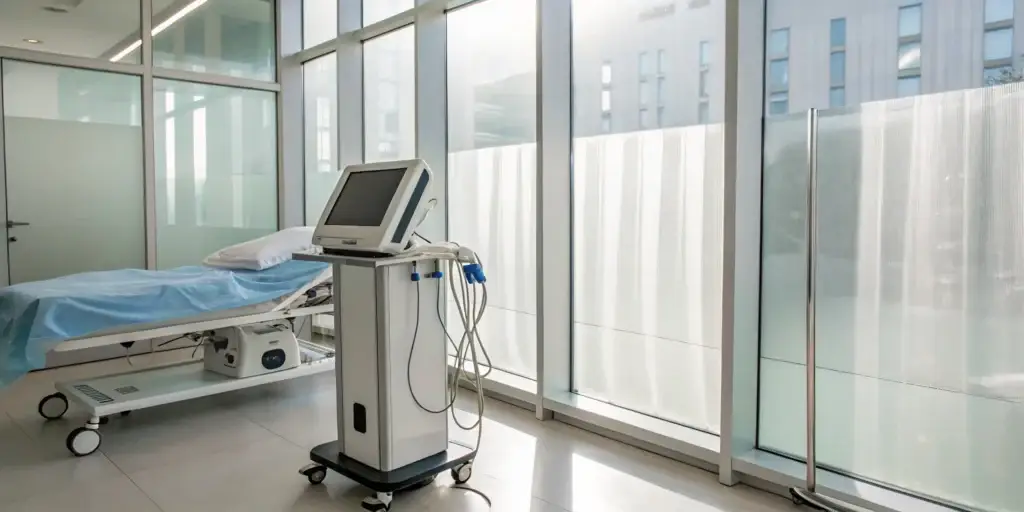 Extracorporeal shockwave therapy machine for erectile dysfunction in a modern treatment room.