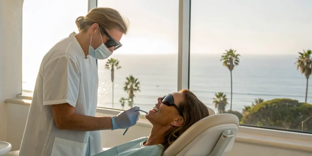 Patient receiving Nightlase snoring treatment in a Solana Beach clinic.