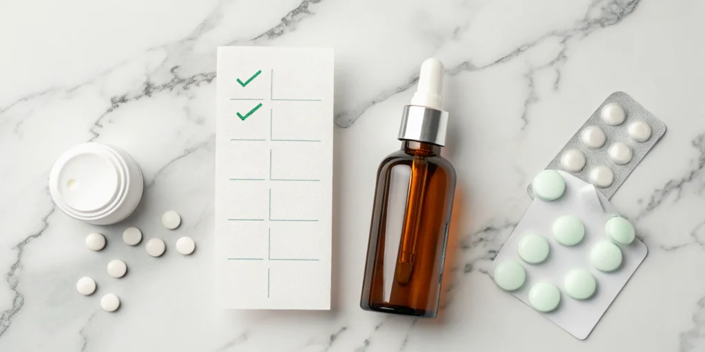 List of FDA-approved bioidentical hormones with pills, a dropper bottle, and a checklist.