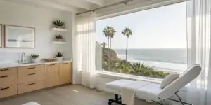 Modern med spa treatment room with an ocean view for facial rejuvenation in Encinitas.