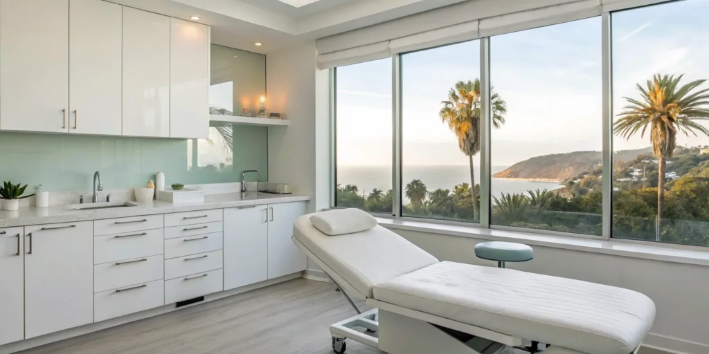 A professional room for laser skin treatments in Vista with a calming ocean view.