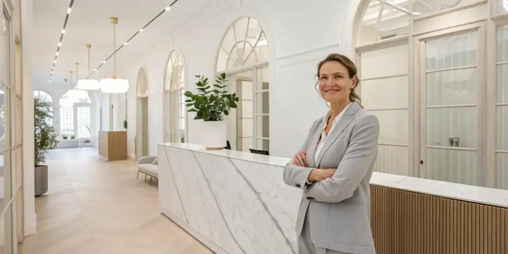 Smiling woman at a clinic learning about the O-Shot benefits for female wellness.