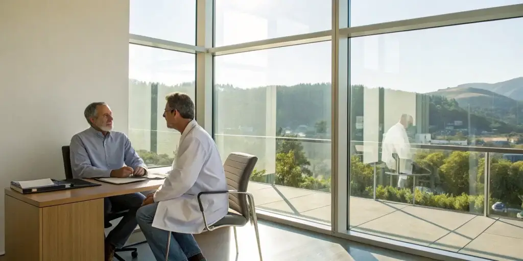 Doctor consults with a male patient at a modern men's health clinic in San Marcos.