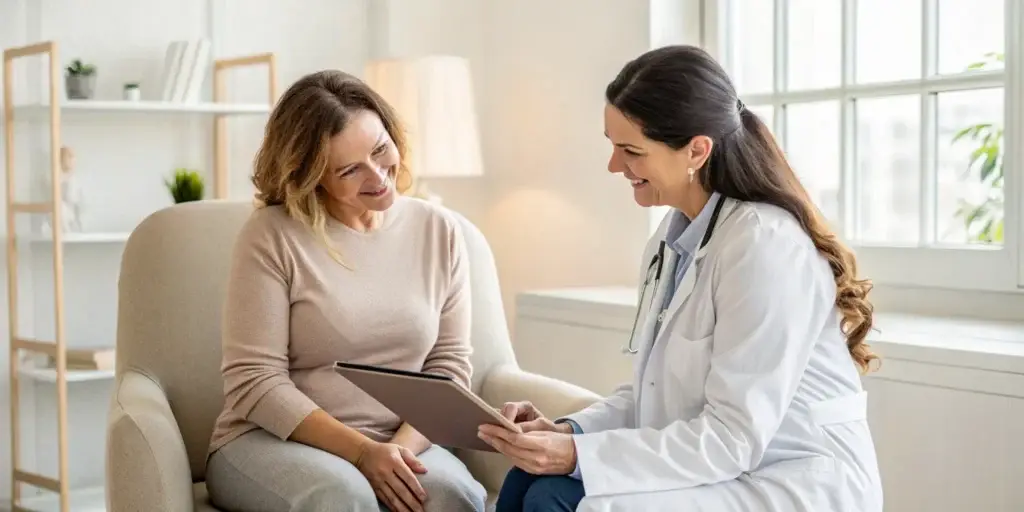 A woman discusses O-Shot reviews from RealSelf with her doctor.