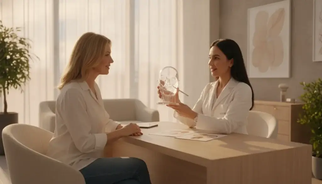 Physician discussing Sculptra and Radiesse treatment options with a patient