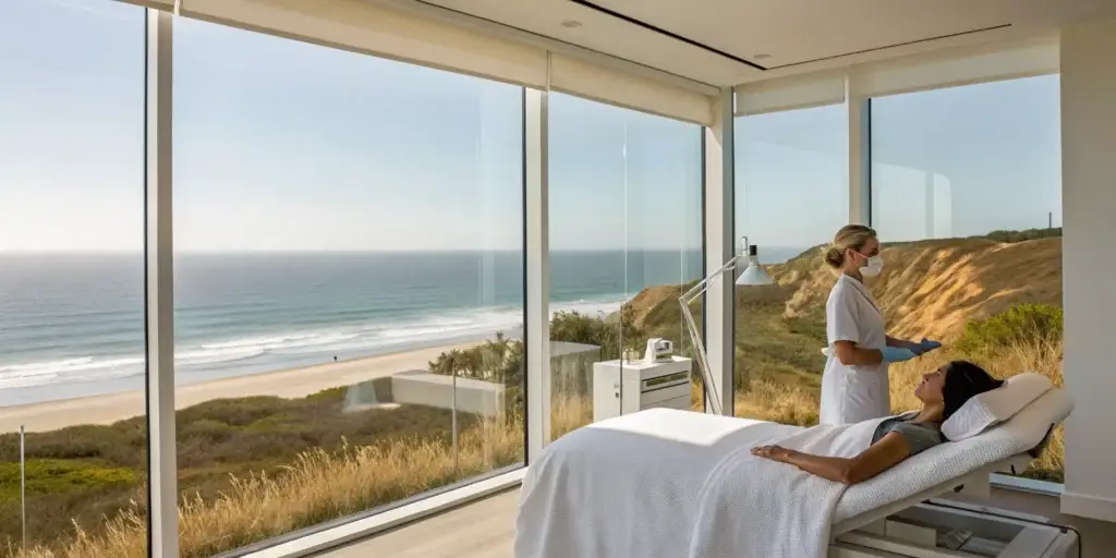 A patient receives non-invasive body sculpting at a Del Mar med spa with an ocean view.