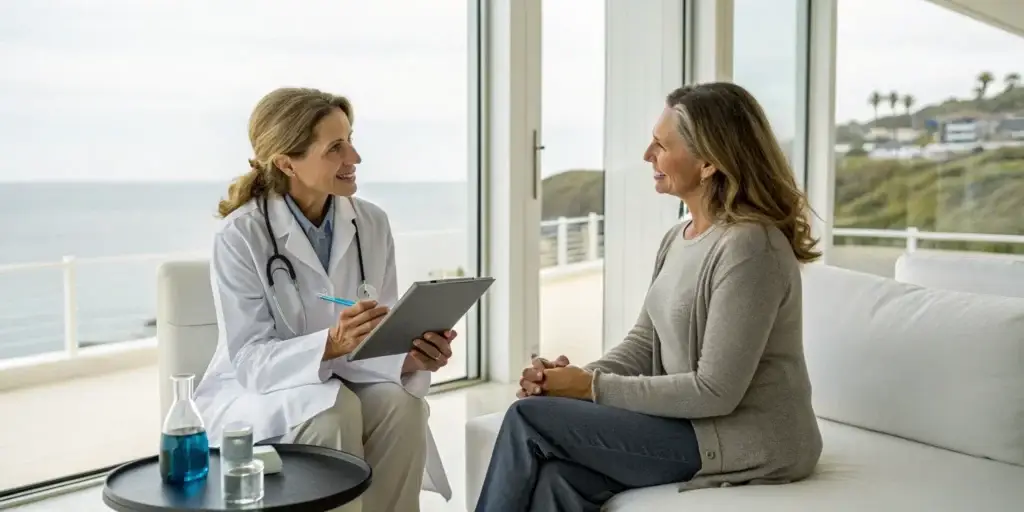 A woman discusses the O-Shot for women with her doctor in Del Mar.