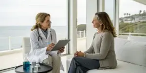 A woman discusses the O-Shot for women with her doctor in Del Mar.