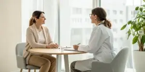 Woman discussing the O Shot for women with her doctor.