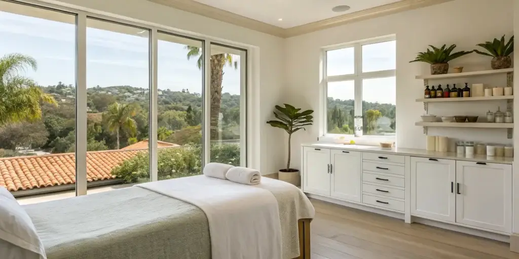 Non-surgical body contouring treatment room at a serene clinic in Rancho Santa Fe.