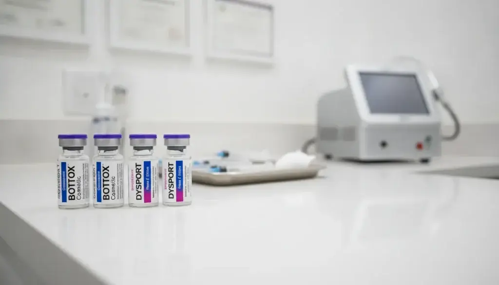 Botox and Dysport vials on a clean medical counter in a professional aesthetic medicine setting