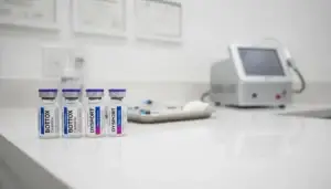 Botox and Dysport vials on a clean medical counter in a professional aesthetic medicine setting