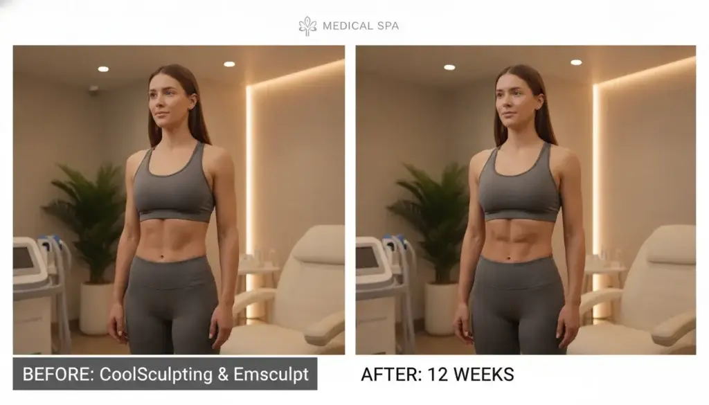 Non-surgical body contouring treatments at RewindMD comparing Emsculpt and CoolSculpting technologies