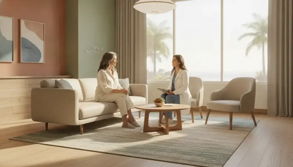 Female patient consulting with physician at RewindMD clinic in Encinitas California for hormone replacement therapy