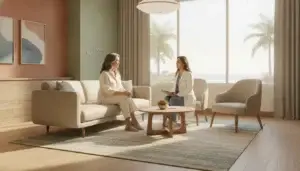 Female patient consulting with physician at RewindMD clinic in Encinitas California for hormone replacement therapy