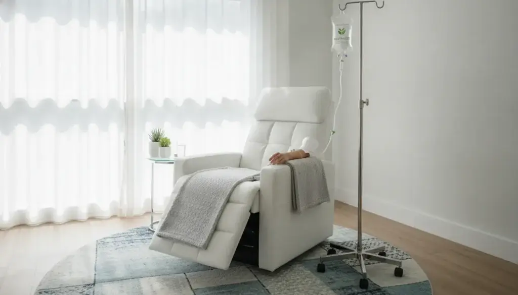 Modern IV therapy treatment room with comfortable reclining chair and IV drip setup
