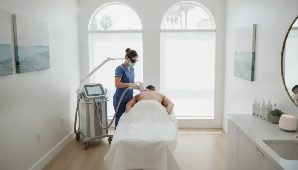 Professional laser hair removal treatment for a man's back in a modern medical aesthetics clinic