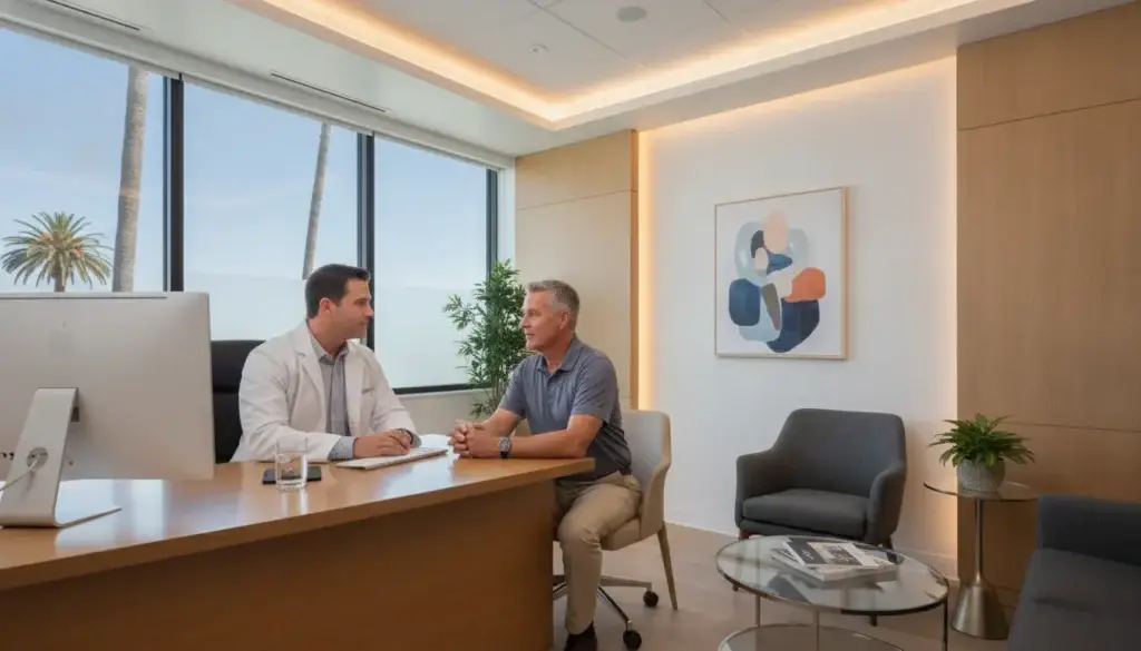 Male hormone therapy consultation at a modern San Diego medical clinic