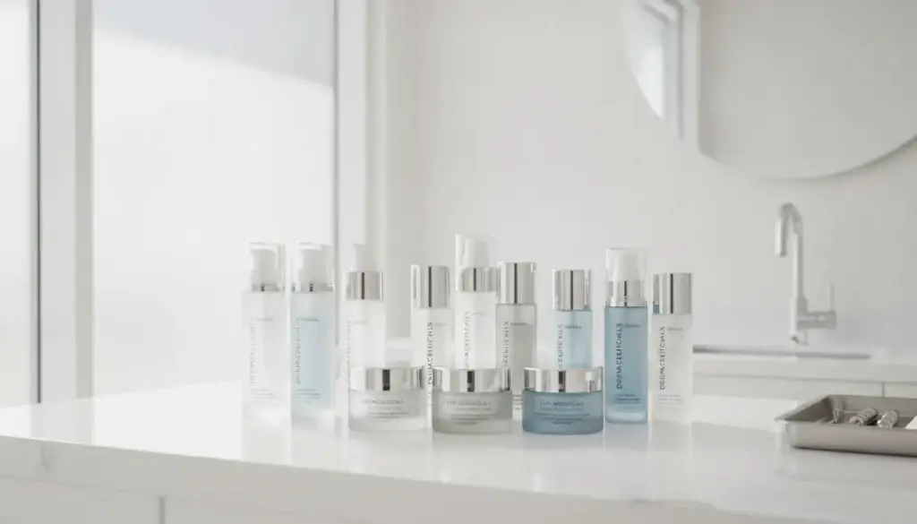 Medical-grade skincare products arranged on a clean clinic counter in Encinitas