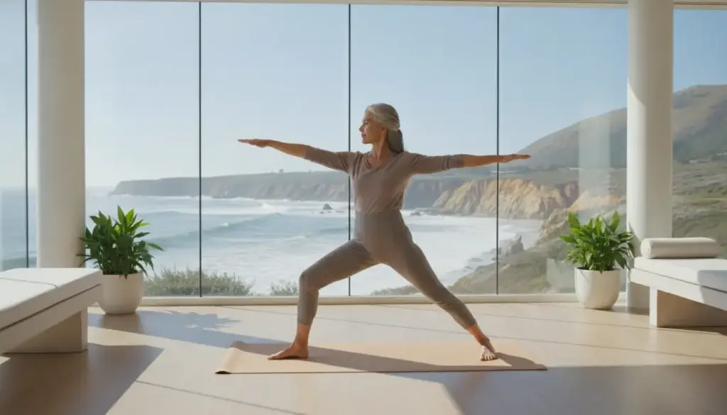 Professional woman in her 50s practicing yoga at a modern wellness clinic in Encinitas, California