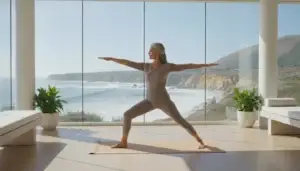 Professional woman in her 50s practicing yoga at a modern wellness clinic in Encinitas, California