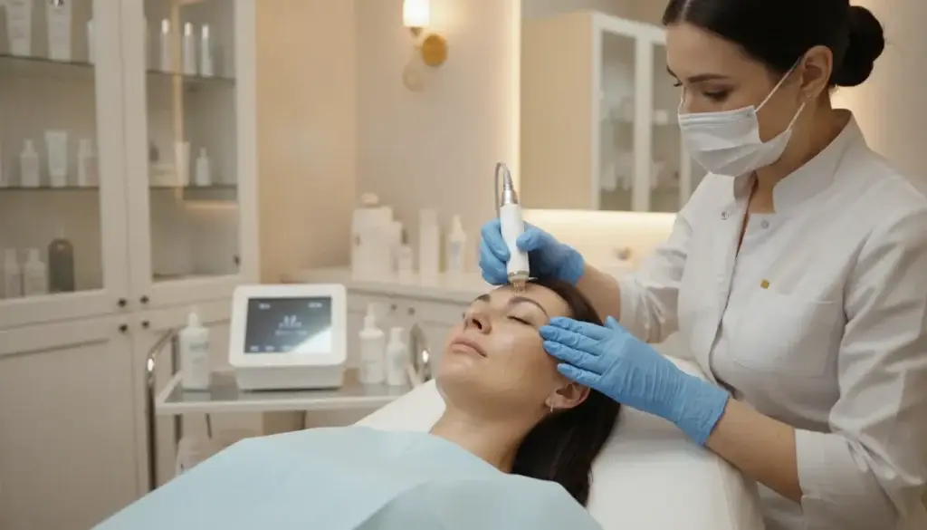 Medical aesthetic microneedling procedure for facial rejuvenation at a professional clinic