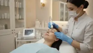 Medical aesthetic microneedling procedure for facial rejuvenation at a professional clinic