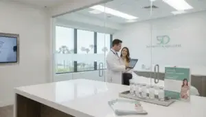 Peptide therapy vials and consultation room at a modern aesthetic clinic in San Diego
