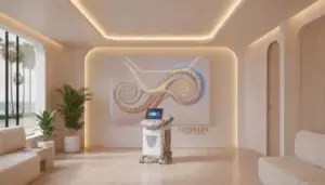 A sleek modern medical aesthetic clinic showcasing next-generation ultrasound skin tightening technology.