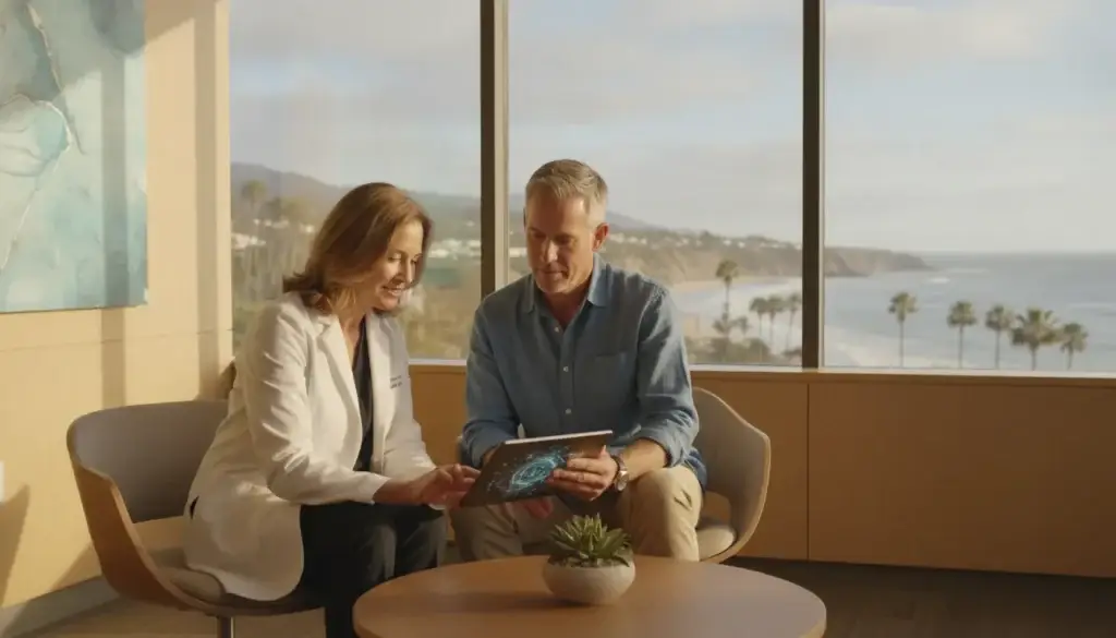 Physician and patient reviewing health information together in a modern medical office