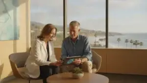 Physician and patient reviewing health information together in a modern medical office